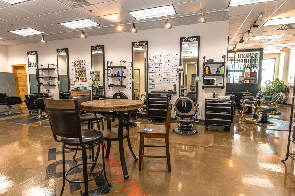 Barber training floor with Expert stations inside Expert Barber Beauty Academy